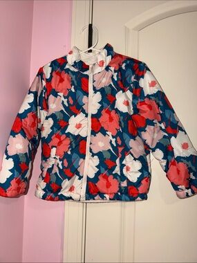 Girls Floral Puffer Jacket - Blue, Red & Pink